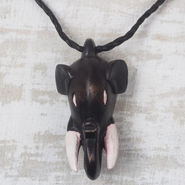 Alternate image for Sese Wood Elephant Head Pendant Necklace from Ghana Tusked Trunk