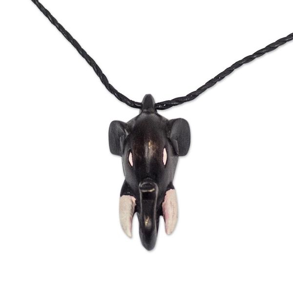 Alternate image for Sese Wood Elephant Head Pendant Necklace from Ghana Tusked Trunk