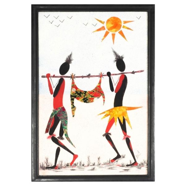 Alternate image for Signed Batik Cotton Wall Art of Two Hunters from Ghana Hunters