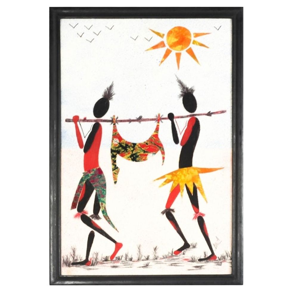 Signed Batik Cotton Wall Art of Two Hunters from Ghana 'Hunters'