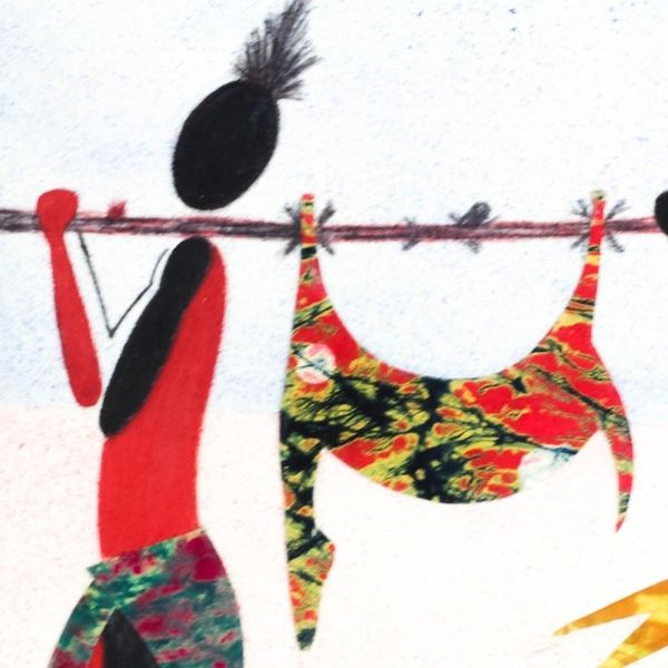 Alternate image for Signed Batik Cotton Wall Art of Two Hunters from Ghana Hunters