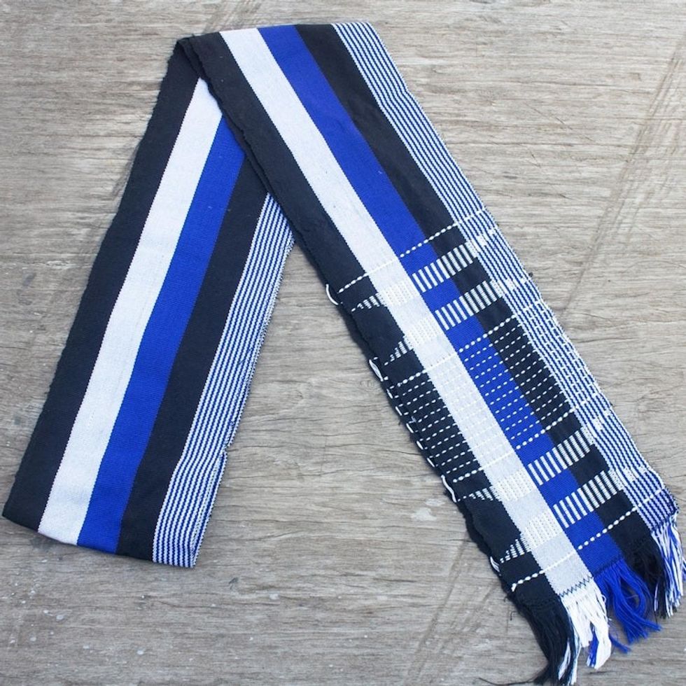 Handmade Striped Cotton Kente Cloth Scarf from Ghana 'Textured Blue'