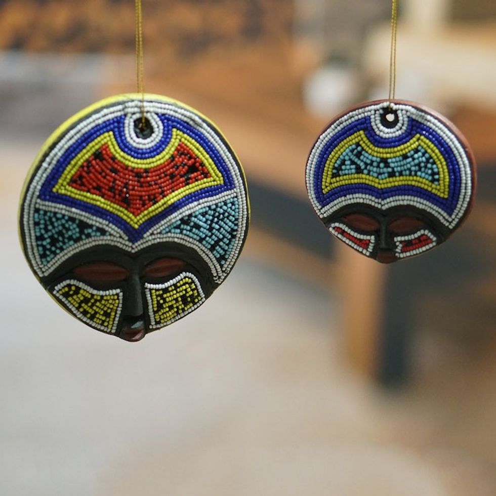 Pair of Eco-Friendly Recycled Plastic Beaded Wood Ornaments 'Ashanti Vibrancy'