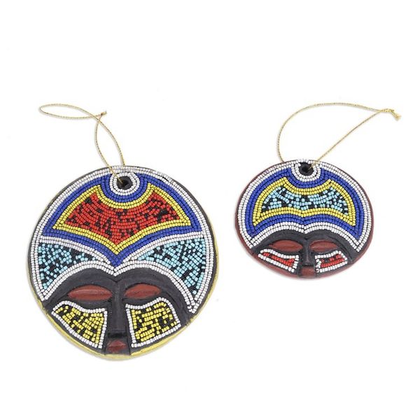 Alternate image for Pair of Eco-Friendly Recycled Plastic Beaded Wood Ornaments Ashanti Vibrancy