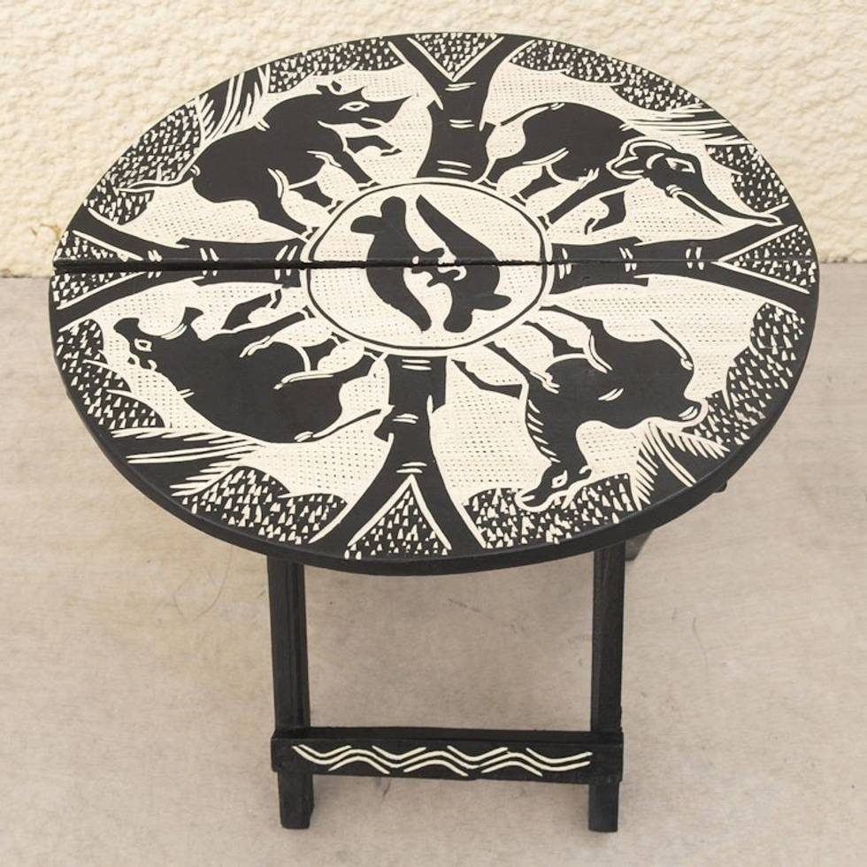 Folding Wood Adinkra Animal Motif Table 'To the Watering Hole'