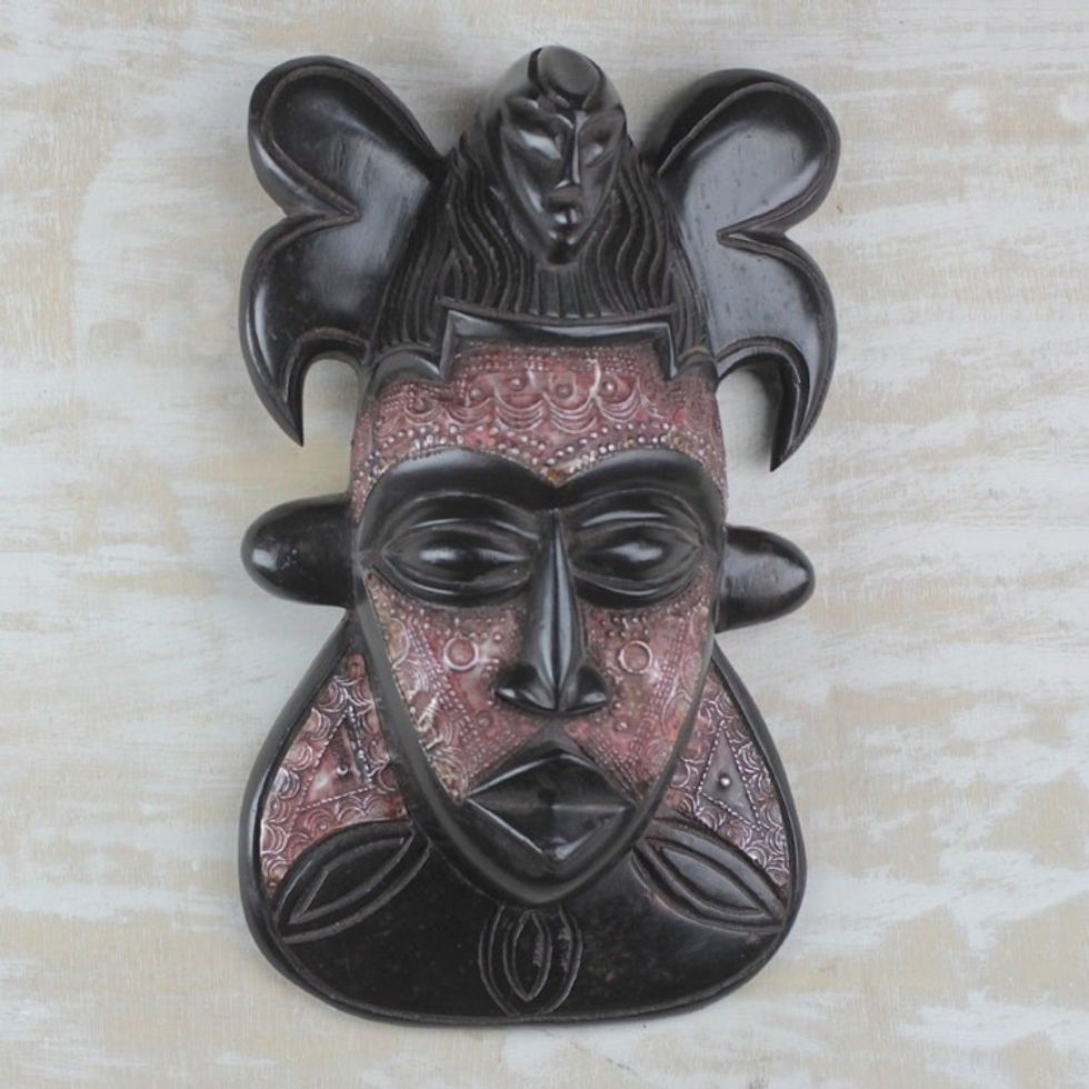 Sese Wood and Aluminum African Mask from Ghana 'Bold King'