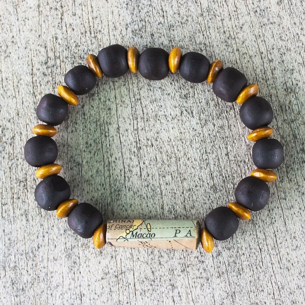 Unisex Sese Wood Bracelet with Recycled World Map Bead '180 Days'