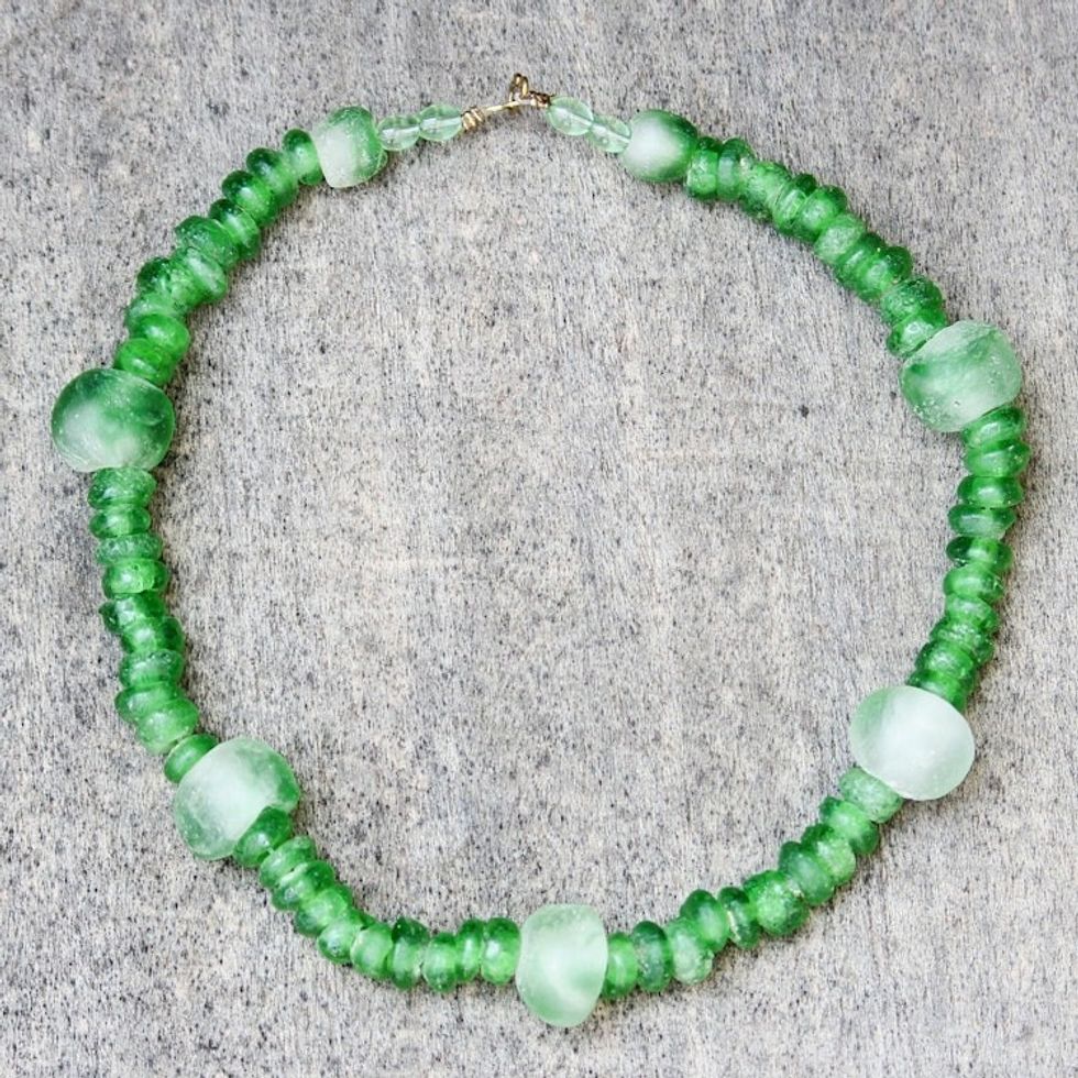 Green Recycled Glass Beaded Necklace from Ghana 'Obaapa Green'