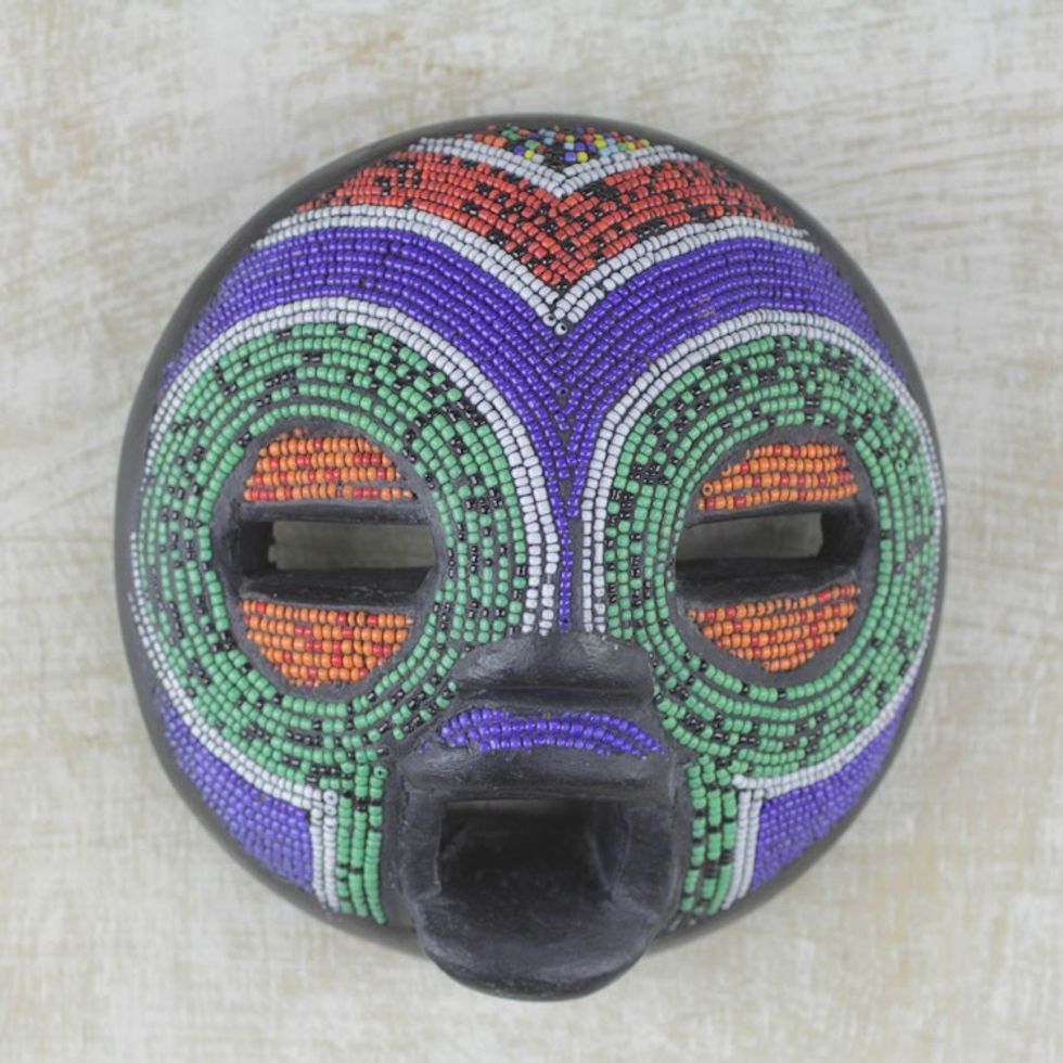 Multi-Colored Recycled Glass Bead and Sese Wood African Mask 'Rainbow Greeting'