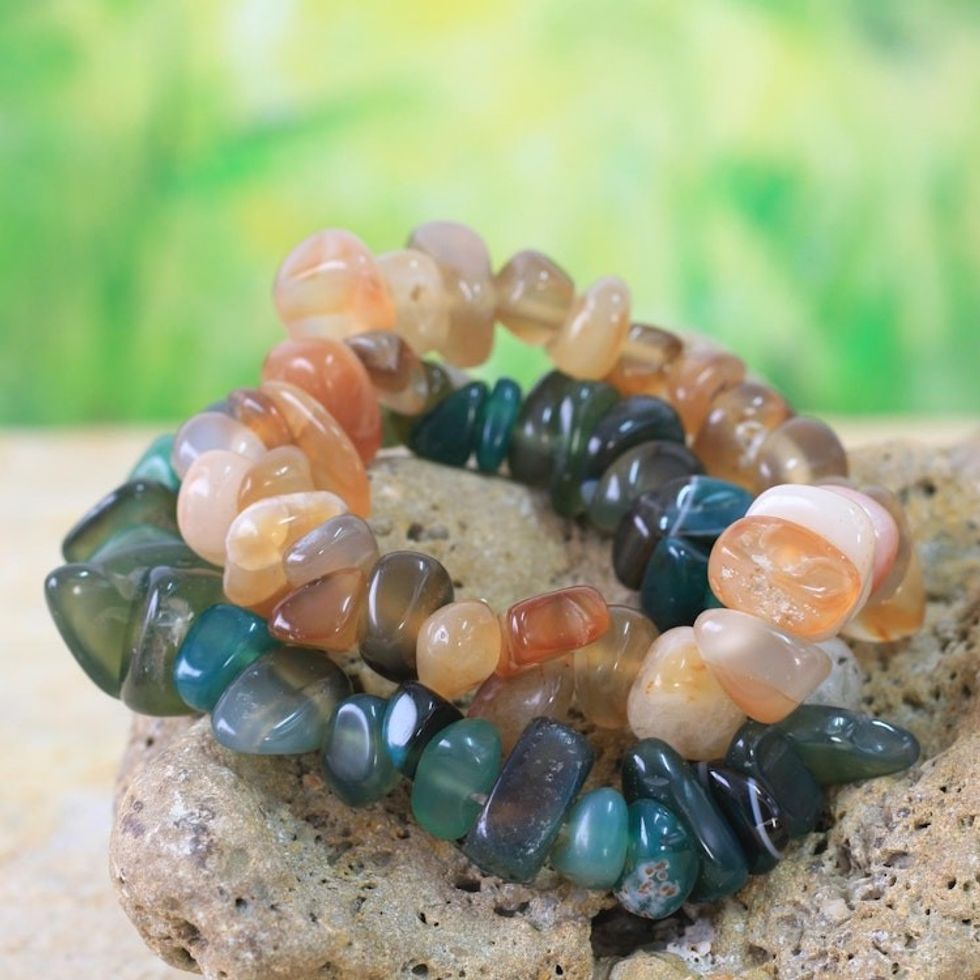 Beaded stretch bracelets Pair 'Green Orange Odo Tintine'