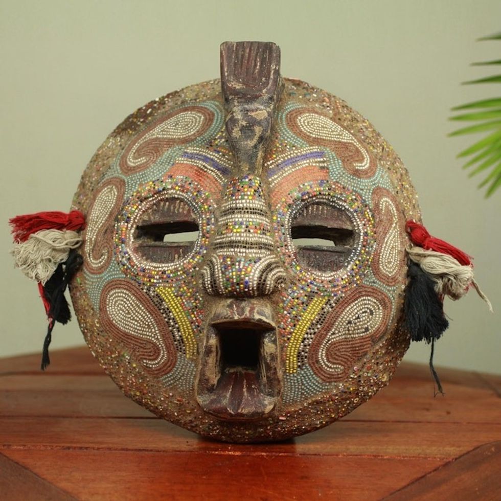 Hand Beaded Wood Mask 'Flying Protector'