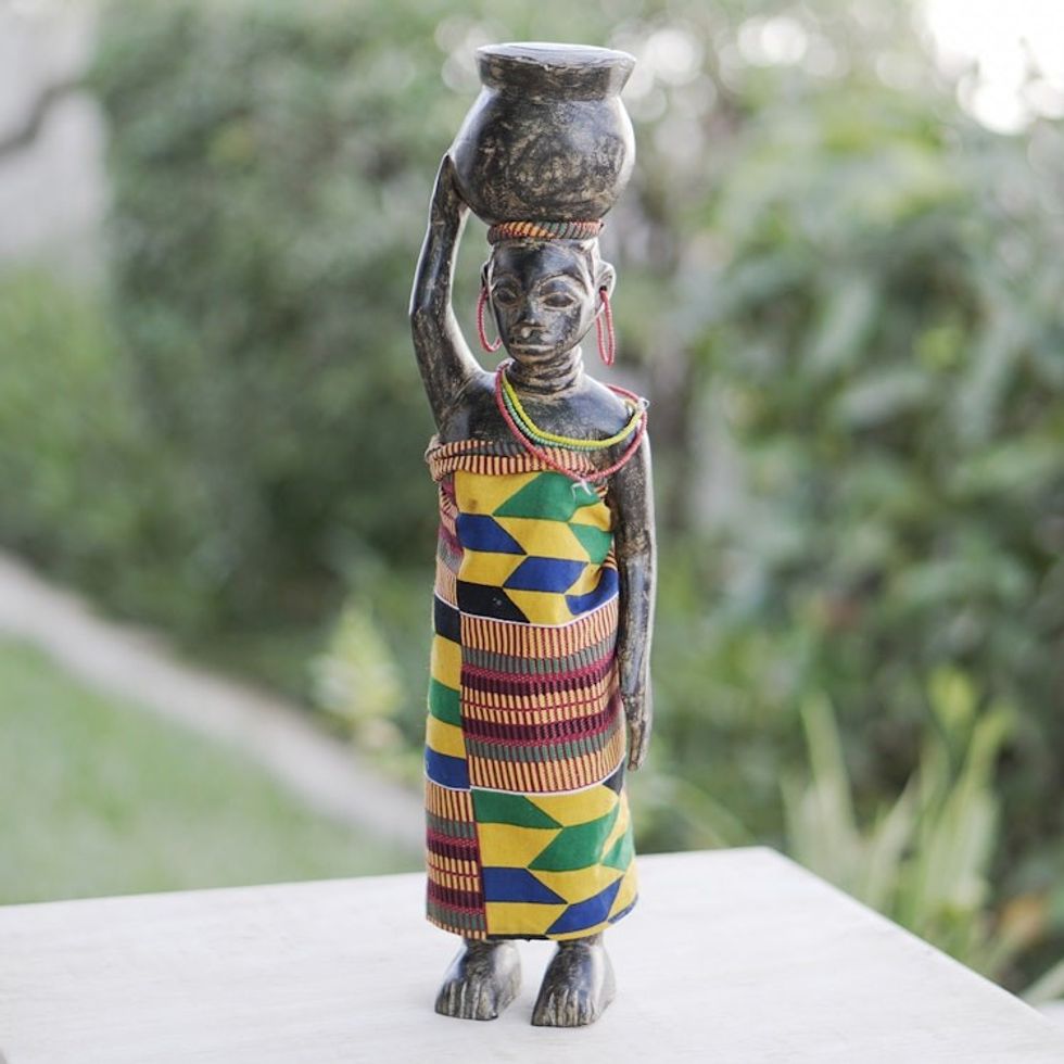 African Wood Sculpture with Cotton Kente 'Homowo Festival II'