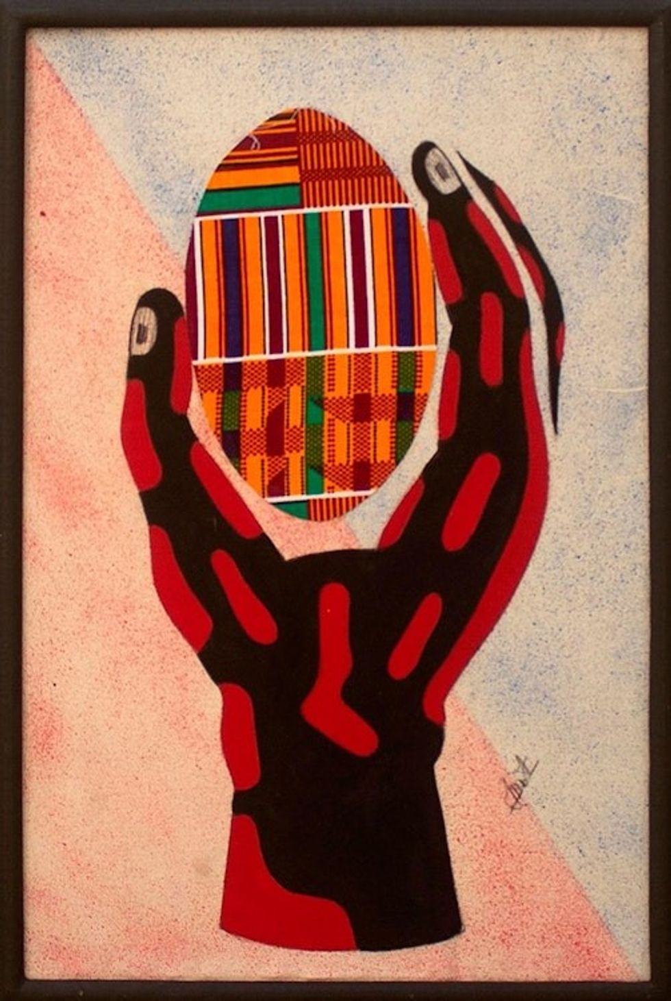 African Kente Cloth Wall Collage 'Hand and Egg II'