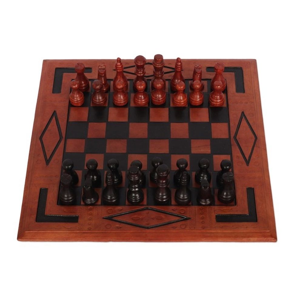 Mahogany and Leather Chess Set Handcrafted in Ghana 'Spider'