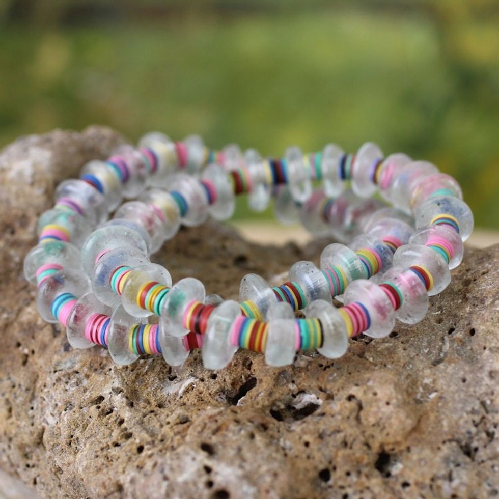 Hand Made Recycled Glass Stretch Bracelets Pair 'Odo Akoma'