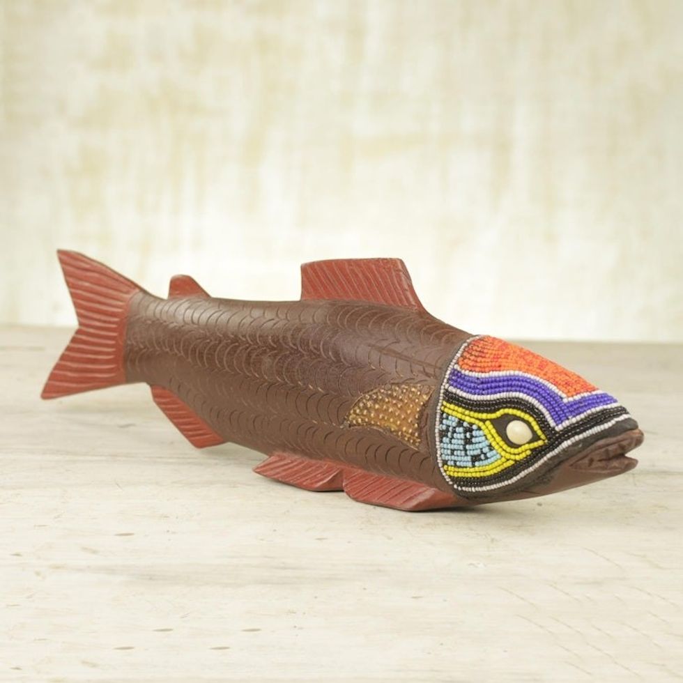 Ghana Hand Carved Wood Sculpture 'Tribal Salmon'