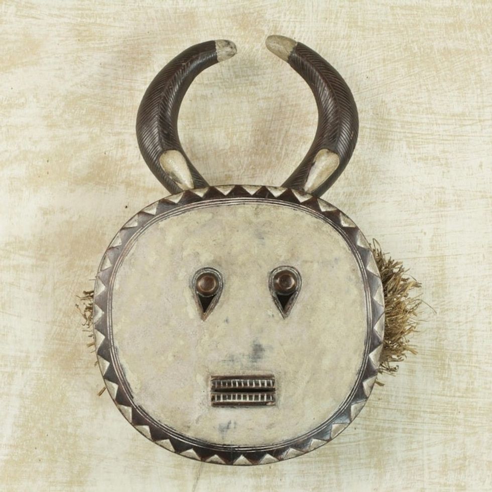 Handcrafted African Sese Wood Mask with Horns from Ghana 'Wan Dance'