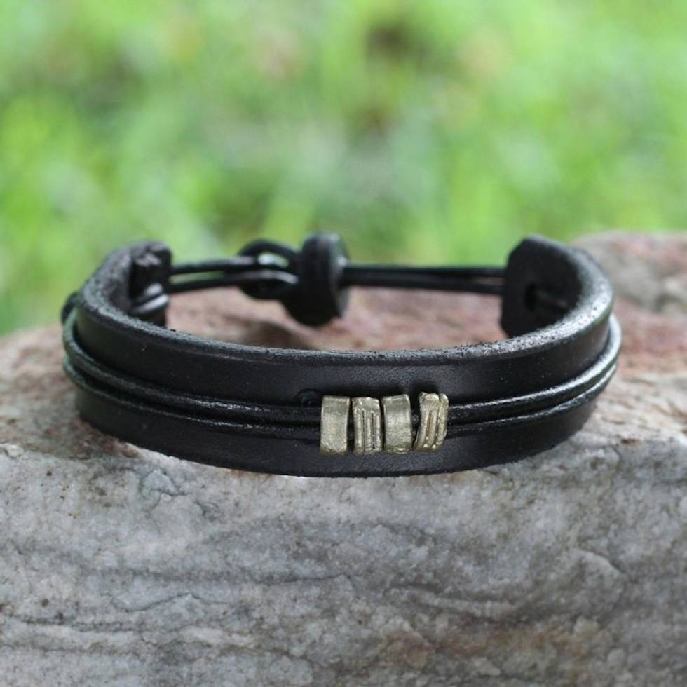 Men's Leather Wristband Bracelet 'Stand Together in Black'