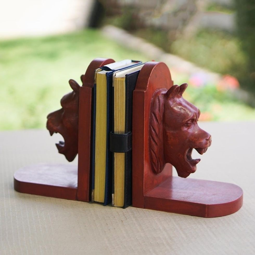 Unique Hand Carved Wood Bookends Pair 'Lion Guardian'