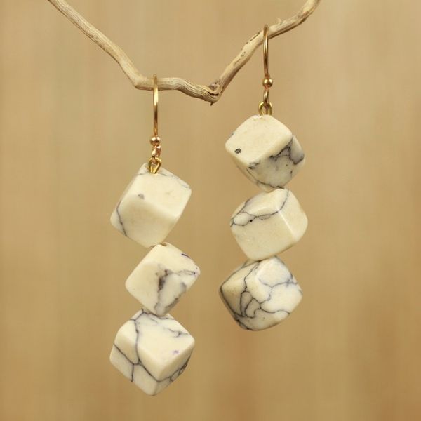 Alternate image for Artisan Crafted Earrings with White Agate Cubes Aseda