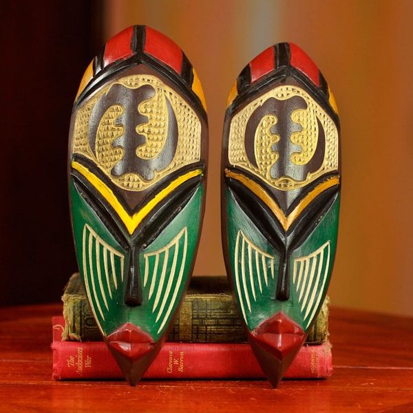 Alternate image for Hand Carved and Painted Adinkra Symbol Masks Pair None But God
