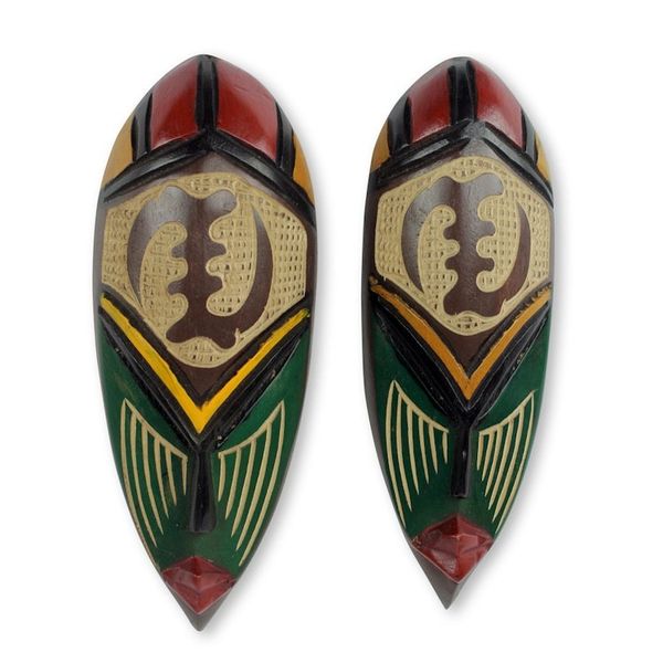 Alternate image for Hand Carved and Painted Adinkra Symbol Masks Pair None But God