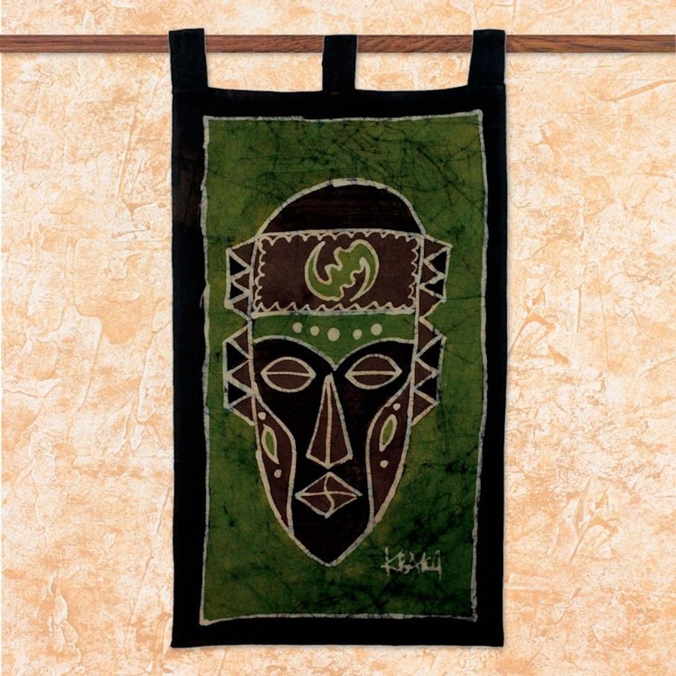 Handcrafted Cotton Batik Green Wall Hanging from Ghana 'Gye Nyame Mask'