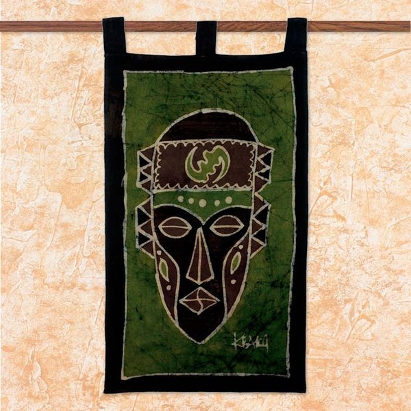 Alternate image for Handcrafted Cotton Batik Green Wall Hanging from Ghana Gye Nyame Mask