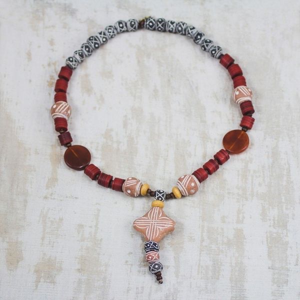 Alternate image for Agate and Ceramic Pendant Necklace African Queen of Peace