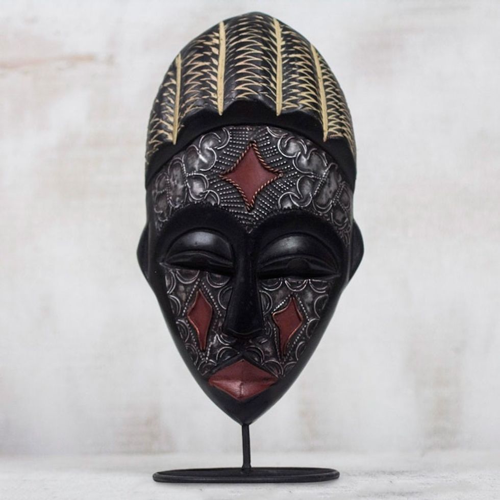 Artisan Crafted Metallic Wood Mask on Stand 'Communion'