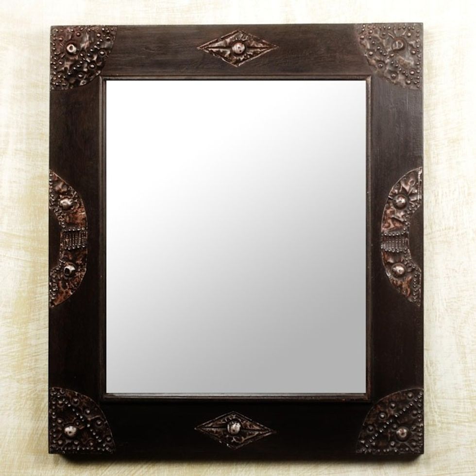 Handcrafted Sese Wood and Brass Wall Mirror 'In Perfect Shape'