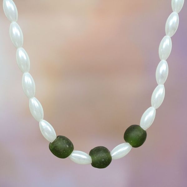 Alternate image for Green and White Recycled Glass Beaded Necklace Forest Cloud