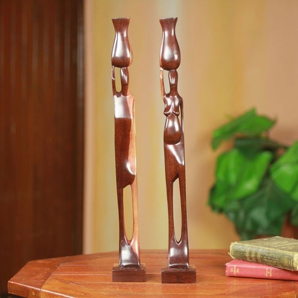 Alternate image for Male and Female Ebony Wood Sculptures from Ghana Pair Couple with Pots