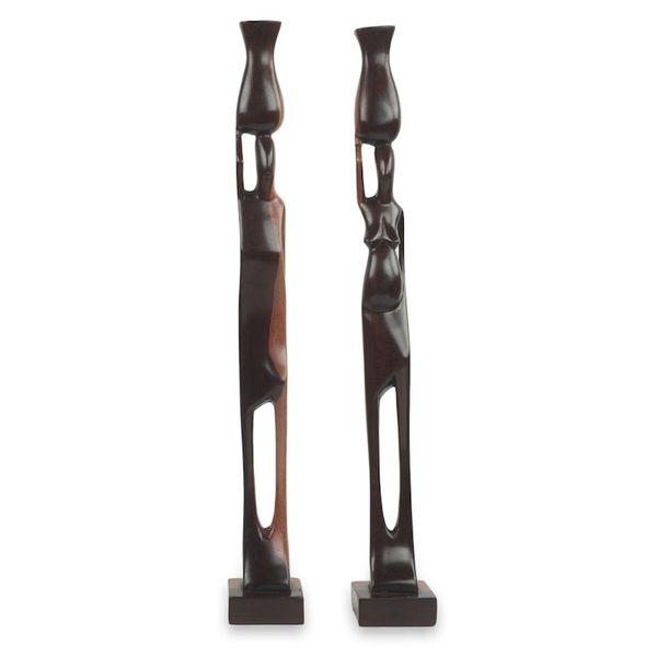 Alternate image for Male and Female Ebony Wood Sculptures from Ghana Pair Couple with Pots