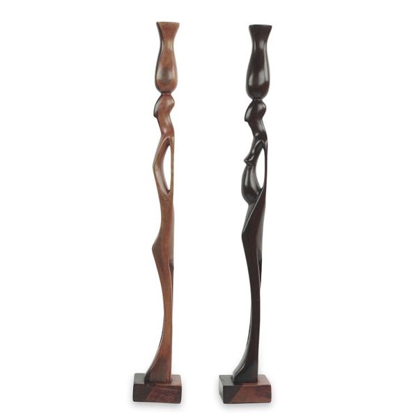 Alternate image for Male and Female Ebony Wood Sculptures from Ghana Pair Couple with Pots