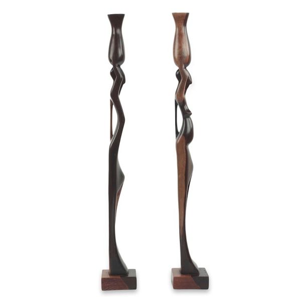 Alternate image for Male and Female Ebony Wood Sculptures from Ghana Pair Couple with Pots