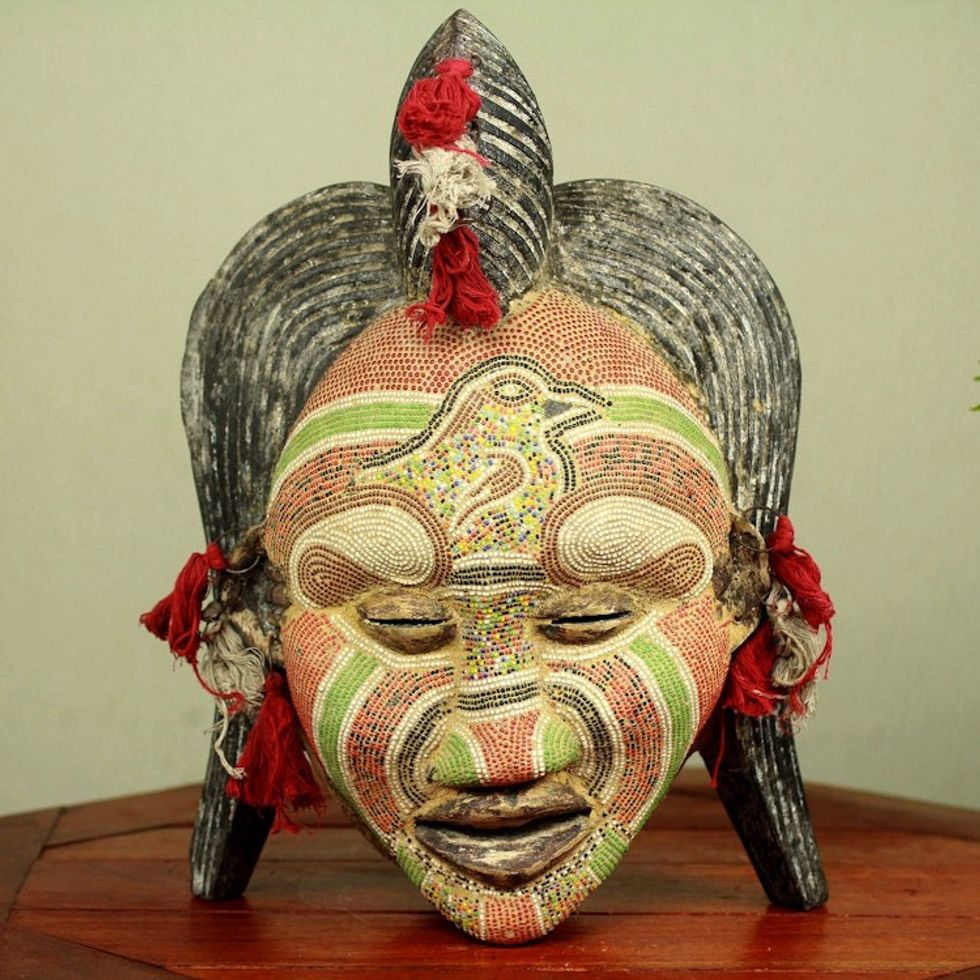 Hand Beaded Wood Mask 'Ancient River Goddess'