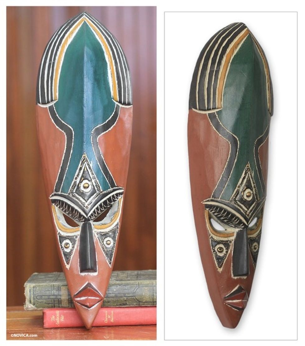 African Mask Hand Carved Wood Aluminum Brass 'Alibarkana'