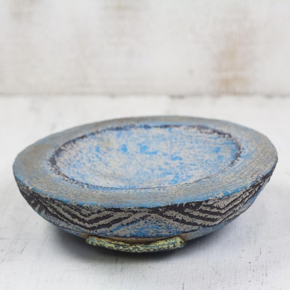 Hand Crafted Aged Ceramic Catchall For Decorative Use Only 'Blue Ewe Agbah'