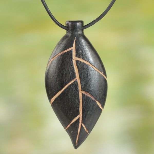 Alternate image for Unique Teak Wood Leaf Pendant Necklace Plants Are Life