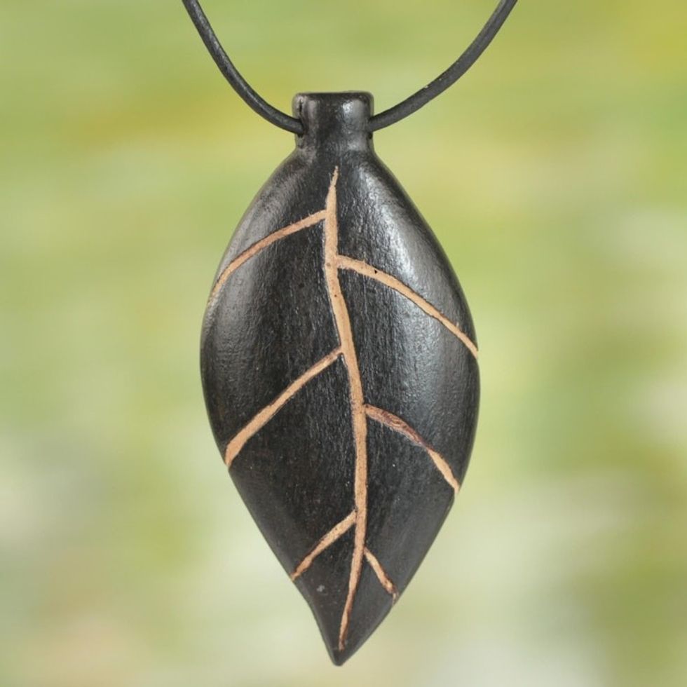Unique Teak Wood Leaf Pendant Necklace 'Plants Are Life'