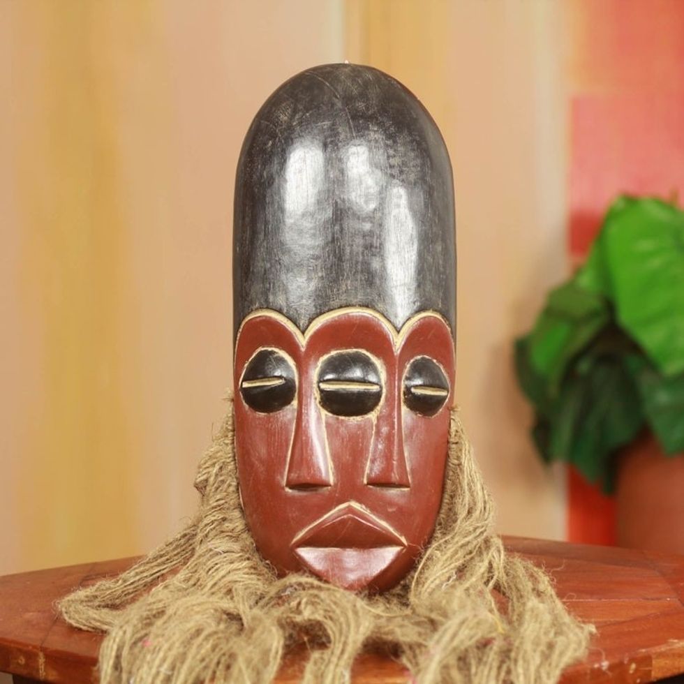 Original African Wood Mask with Jute Beard and Three Eyes 'Tete Na'