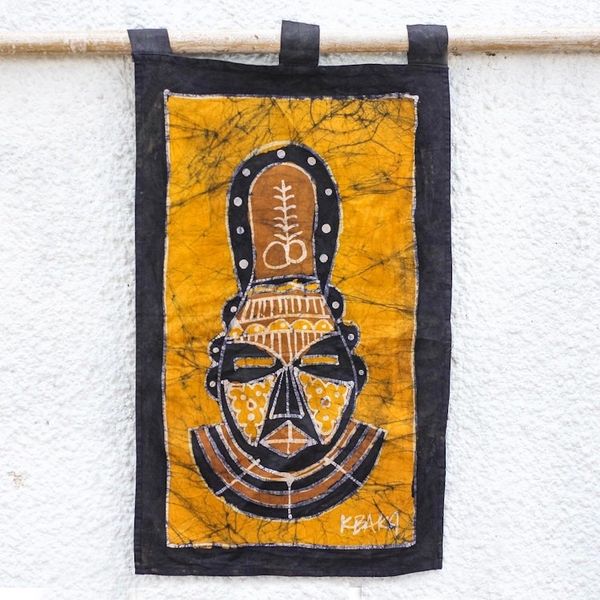 Alternate image for Brown and Yellow African Mask Cotton Batik Wall Hanging Aya African Mask