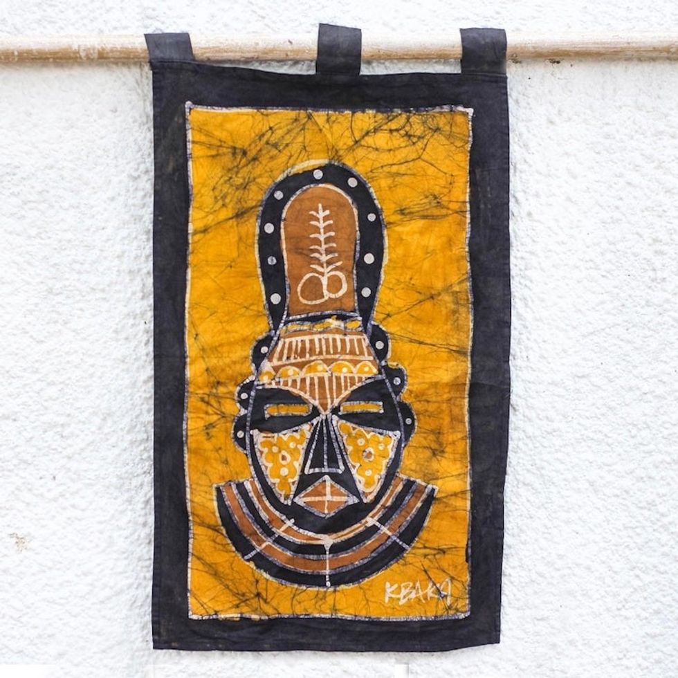 Brown and Yellow African Mask Cotton Batik Wall Hanging 'Aya African Mask'