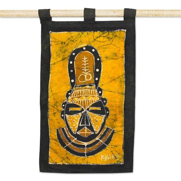 Alternate image for Brown and Yellow African Mask Cotton Batik Wall Hanging Aya African Mask