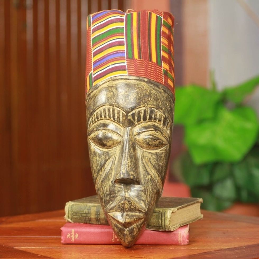 Hand Carved African Mask with Ghanaian Kente Cloth 'Frafra Identity'