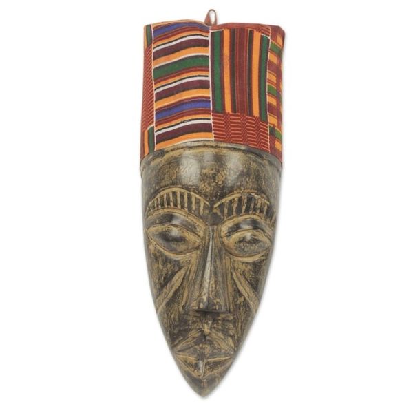 Alternate image for Hand Carved African Mask with Ghanaian Kente Cloth Frafra Identity