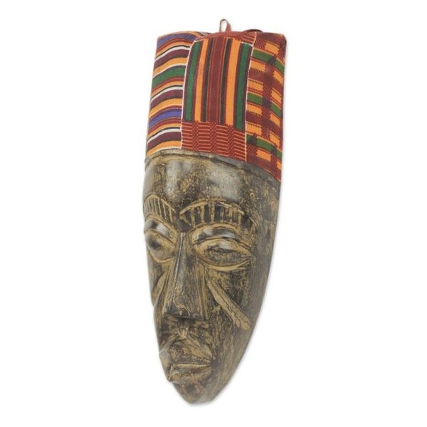 Alternate image for Hand Carved African Mask with Ghanaian Kente Cloth Frafra Identity
