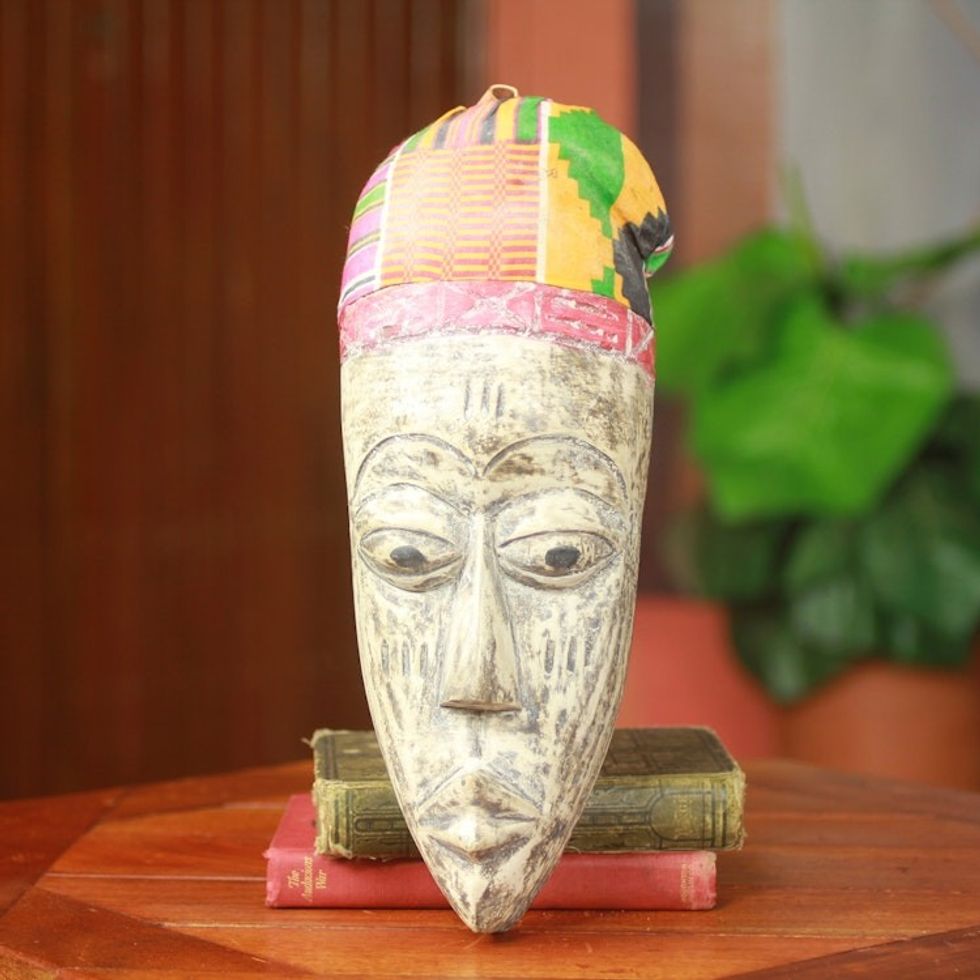 Ewe Tribal African Mask with Kente Cloth from Ghana 'Elder Ewe Gentleman'