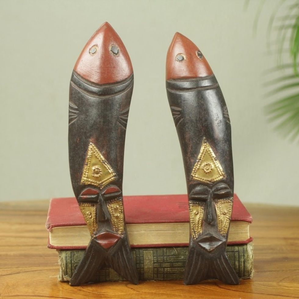 Artisan Crafted Fish Theme African Masks Pair 'Brother Fish'